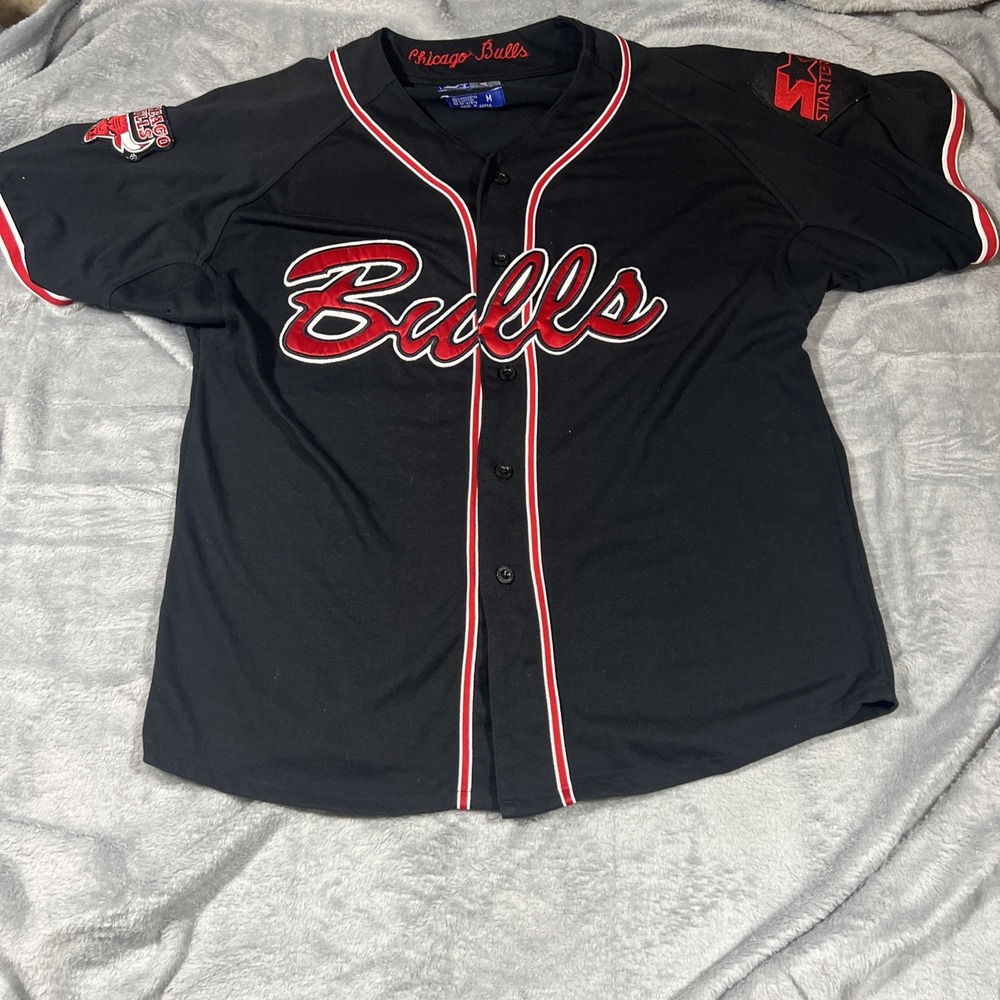 Vintage Starter Chicago Bulls Jersey Shirt Medium Black Button Front Embroidered